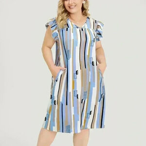 NWT!geometric print V-neck pocket flutter cap sleeve midi dress Size 14–16 or 1X